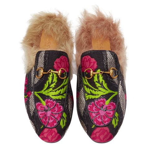 gucci princetown fur-lined floral-brocade loafers|women's Gucci loafers.